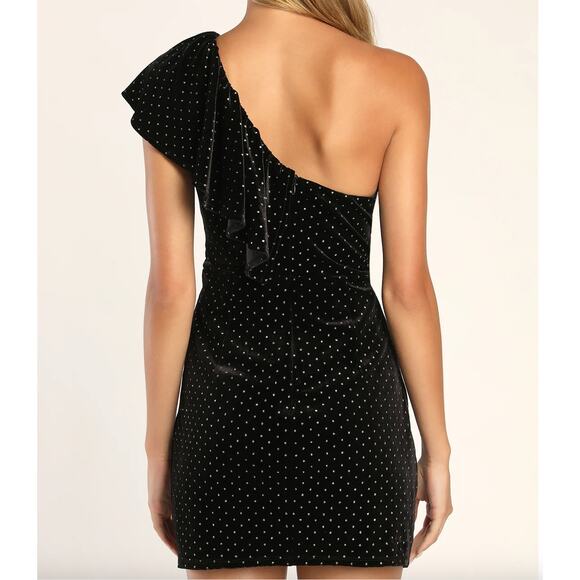 Lulus Pretty Glam Black Velvet Polka Dot One-Shoulder Mini Dress - Picture 4 of 10